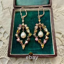Antique Rose Gold / Solid Silver Earrings with Tourmalines and Pearl