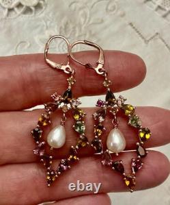 Antique Rose Gold / Solid Silver Earrings with Tourmalines and Pearl