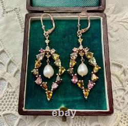 Antique Rose Gold / Solid Silver Earrings with Tourmalines and Pearl