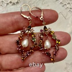 Antique Rose Gold / Solid Silver Earrings with Tourmalines and Pearl