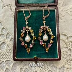 Antique Rose Gold / Solid Silver Earrings with Tourmalines and Pearl