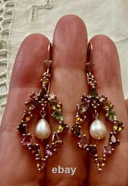 Antique Rose Gold / Solid Silver Earrings with Tourmalines and Pearl