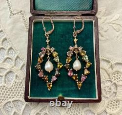 Antique Rose Gold / Solid Silver Earrings with Tourmalines and Pearl
