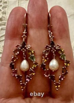 Antique Rose Gold / Solid Silver Earrings with Tourmalines and Pearl