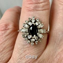 Antique Sapphire Ring, White Topaz Baguettes, Solid Silver Jewelry