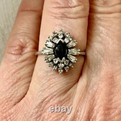 Antique Sapphire Ring, White Topaz Baguettes, Solid Silver Jewelry