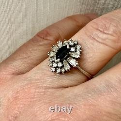Antique Sapphire Ring, White Topaz Baguettes, Solid Silver Jewelry