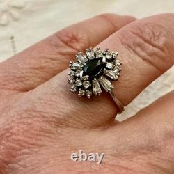 Antique Sapphire Ring, White Topaz Baguettes, Solid Silver Jewelry