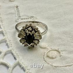Antique Sapphire Ring, White Topaz Baguettes, Solid Silver Jewelry