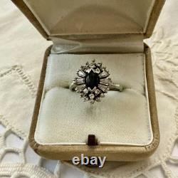 Antique Sapphire Ring, White Topaz Baguettes, Solid Silver Jewelry