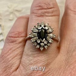 Antique Sapphire Ring, White Topaz Baguettes, Solid Silver Jewelry