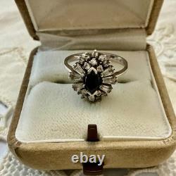 Antique Sapphire Ring, White Topaz Baguettes, Solid Silver Jewelry