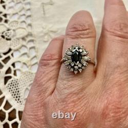 Antique Sapphire Ring, White Topaz Baguettes, Solid Silver Jewelry