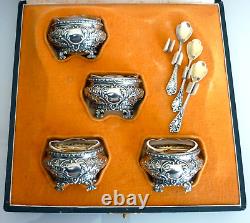Antique Set of 4 Salt Cellars, Sterling Silver Salt Shakers, Crystal, Louis XV, Rococo