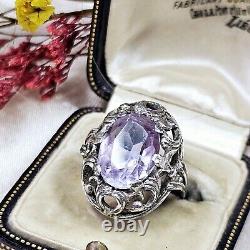 Antique Silver 925 Openwork Dome Ring 28x22x10 Mm Set with Amethyst Size 58