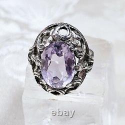 Antique Silver 925 Openwork Dome Ring 28x22x10 Mm Set with Amethyst Size 58