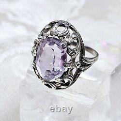 Antique Silver 925 Openwork Dome Ring 28x22x10 Mm Set with Amethyst Size 58