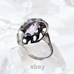 Antique Silver 925 Openwork Dome Ring 28x22x10 Mm Set with Amethyst Size 58