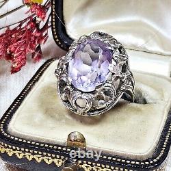 Antique Silver 925 Openwork Dome Ring 28x22x10 Mm Set with Amethyst Size 58