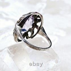 Antique Silver 925 Openwork Dome Ring 28x22x10 Mm Set with Amethyst Size 58