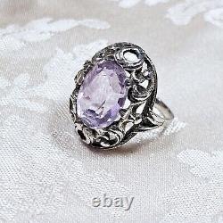 Antique Silver 925 Openwork Dome Ring 28x22x10 Mm Set with Amethyst Size 58