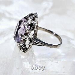 Antique Silver 925 Openwork Dome Ring 28x22x10 Mm Set with Amethyst Size 58