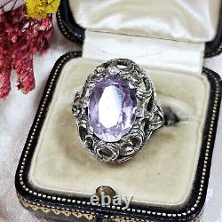 Antique Silver 925 Openwork Dome Ring 28x22x10 Mm Set with Amethyst Size 58
