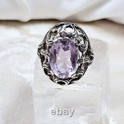 Antique Silver 925 Openwork Dome Ring 28x22x10 Mm Set with Amethyst Size 58