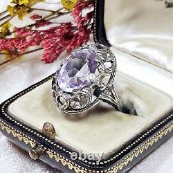 Antique Silver 925 Openwork Dome Ring 28x22x10 Mm Set with Amethyst Size 58