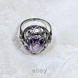 Antique Silver 925 Openwork Dome Ring 28x22x10 Mm Set with Amethyst Size 58