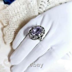 Antique Silver 925 Openwork Dome Ring 28x22x10 Mm Set with Amethyst Size 58