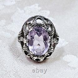 Antique Silver 925 Openwork Dome Ring 28x22x10 Mm Set with Amethyst Size 58