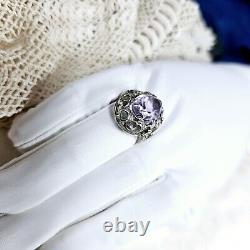 Antique Silver 925 Openwork Dome Ring 28x22x10 Mm Set with Amethyst Size 58