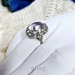 Antique Silver 925 Openwork Dome Ring 28x22x10 Mm Set with Amethyst Size 58