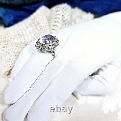 Antique Silver 925 Openwork Dome Ring 28x22x10 Mm Set with Amethyst Size 58