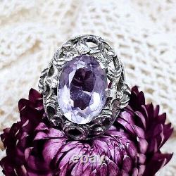 Antique Silver 925 Openwork Dome Ring 28x22x10 Mm Set with Amethyst Size 58