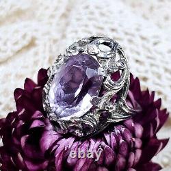 Antique Silver 925 Openwork Dome Ring 28x22x10 Mm Set with Amethyst Size 58