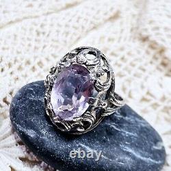 Antique Silver 925 Openwork Dome Ring 28x22x10 Mm Set with Amethyst Size 58