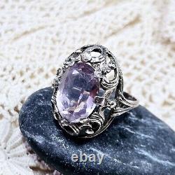 Antique Silver 925 Openwork Dome Ring 28x22x10 Mm Set with Amethyst Size 58