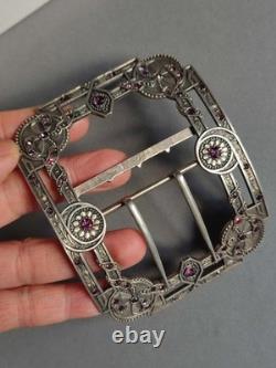 Antique Silver Belt Buckle Set with Purple Stones, Regency Style