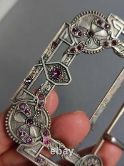 Antique Silver Belt Buckle Set with Purple Stones, Regency Style