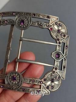 Antique Silver Belt Buckle Set with Purple Stones, Regency Style