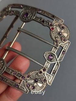 Antique Silver Belt Buckle Set with Purple Stones, Regency Style