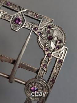 Antique Silver Belt Buckle Set with Purple Stones, Regency Style