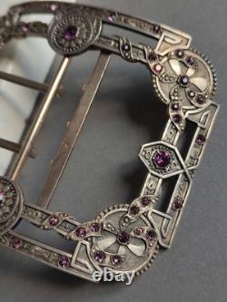 Antique Silver Belt Buckle Set with Purple Stones, Regency Style