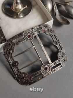 Antique Silver Belt Buckle Set with Purple Stones, Regency Style
