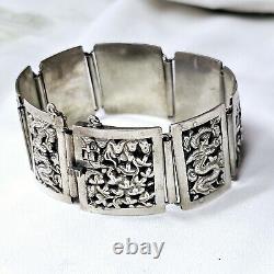 Antique Silver Bracelet Indochina Early 20th Century Pagoda Dragon Decoration