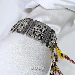 Antique Silver Bracelet Indochina Early 20th Century Pagoda Dragon Decoration