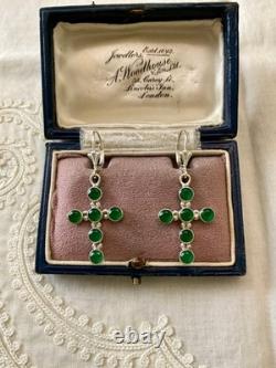 Antique Silver Cross Earrings with 6 Jade Fleur de Lys