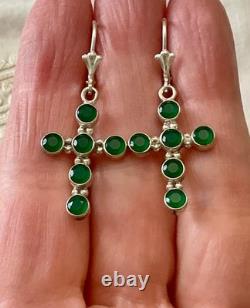 Antique Silver Cross Earrings with 6 Jade Fleur de Lys